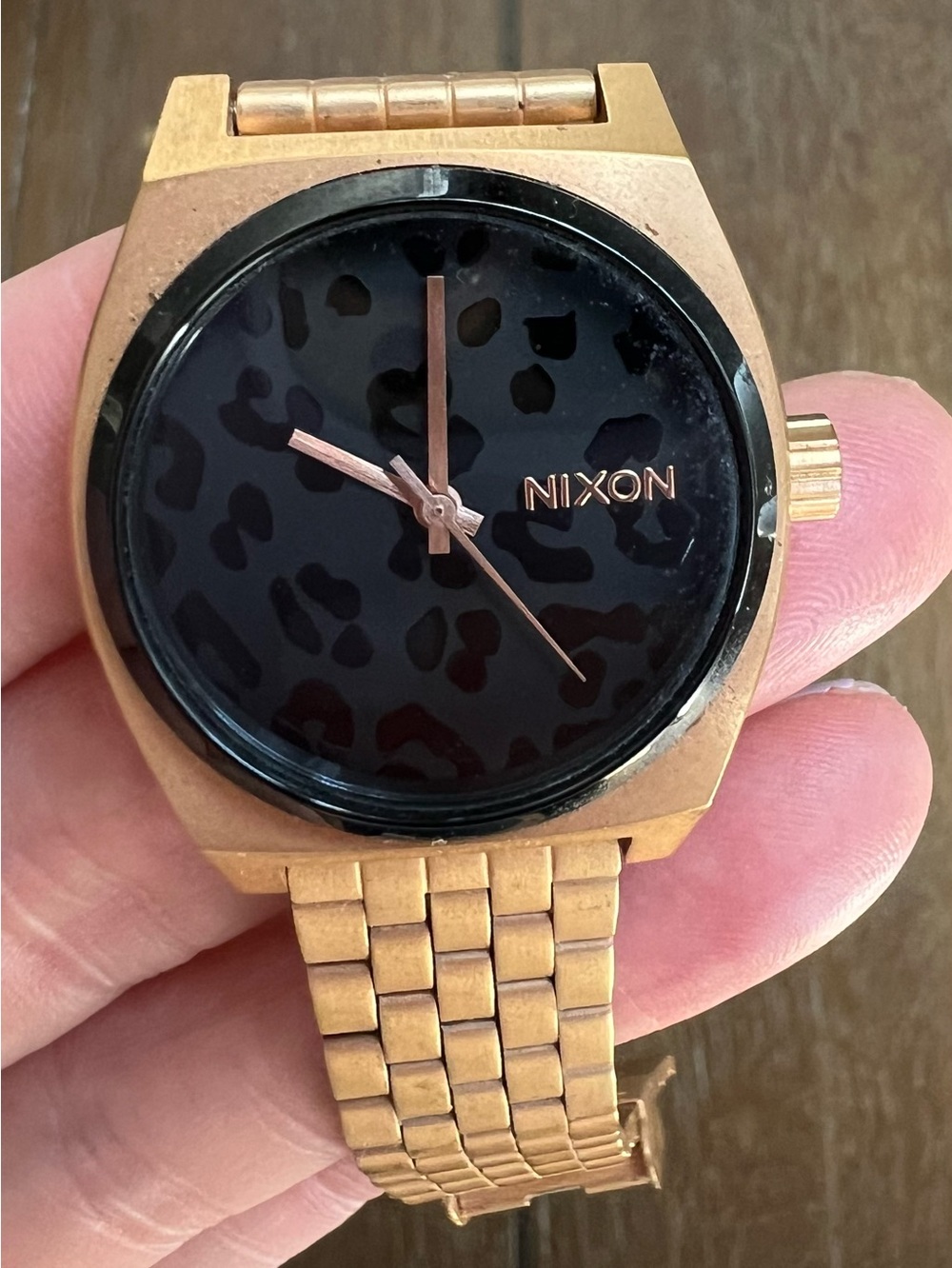 Nixon Rose Gold Bracelet Watch with Black Leopard Dial Accents